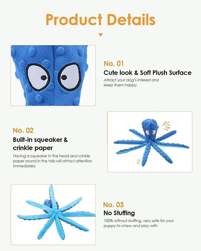 HGB Squeaky Dog Toys, Octopus No Stuffing Crinkle Dog Toy- 2 Pack