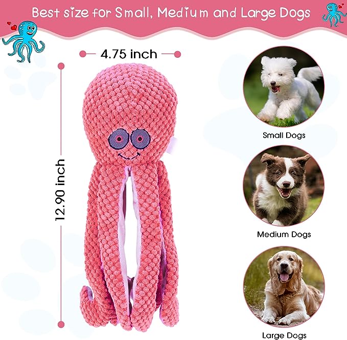 Stuffed Dragon, Deer, or Octopus Dog Toys Durable Plush Dog Toy with Crinkle Paper
