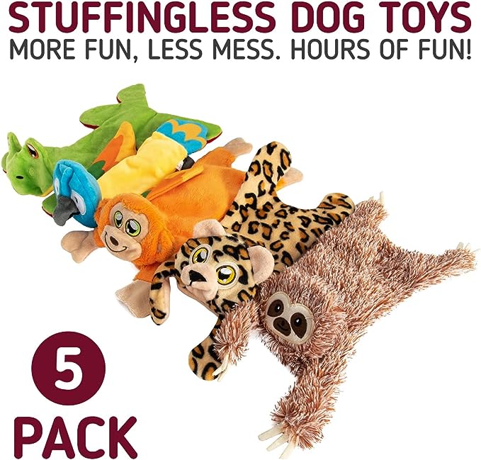 Leashboss Unstuffed Crinkle and Squeaky Jungle Animal Dog Toys- 5 pack