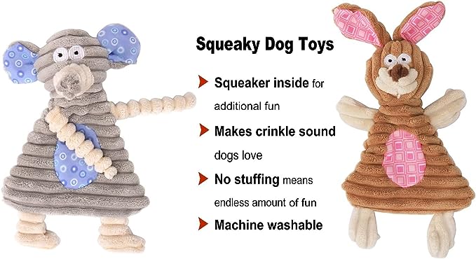 Comtim No Stuffing Crinkle Dog Toys 2 Pack Squeaky Dog Toys