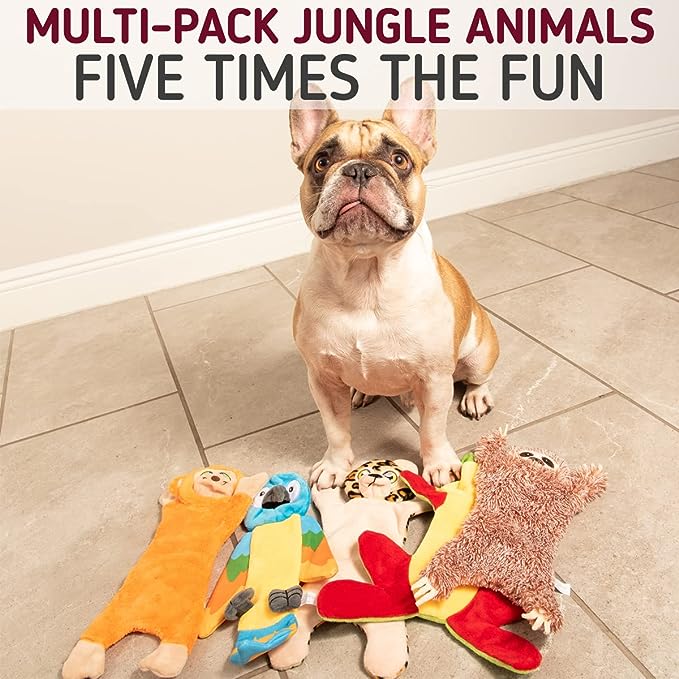 Leashboss Unstuffed Crinkle and Squeaky Jungle Animal Dog Toys- 5 pack