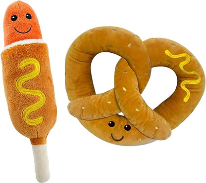 Giftable World Pet Plush Pet Toys with Squeaker- 8" Corn Dog & Pretzel