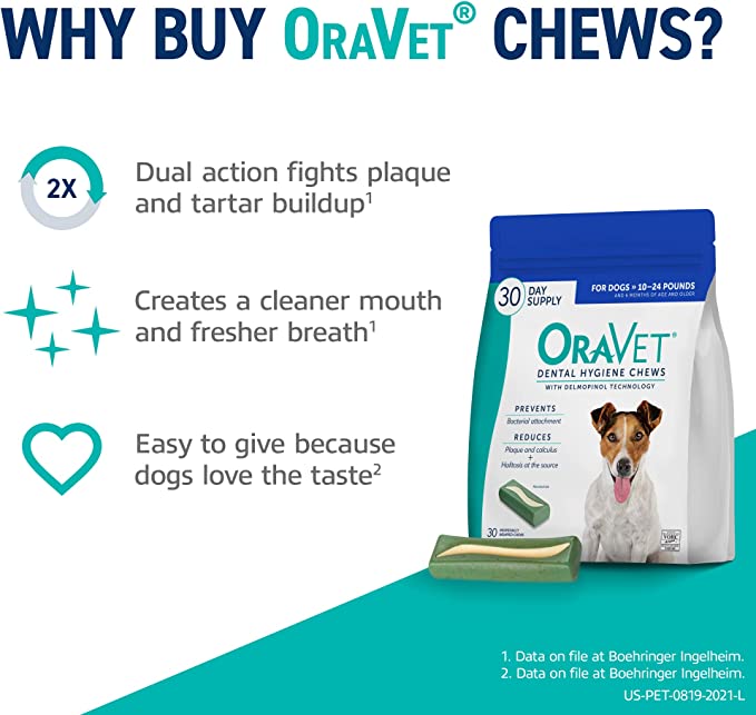 ORAVET Dental Chews for Dogs, Oral Care and Hygiene Chews (Small Dogs, 10-24 lbs.) 30 Count - Mongrel Mania